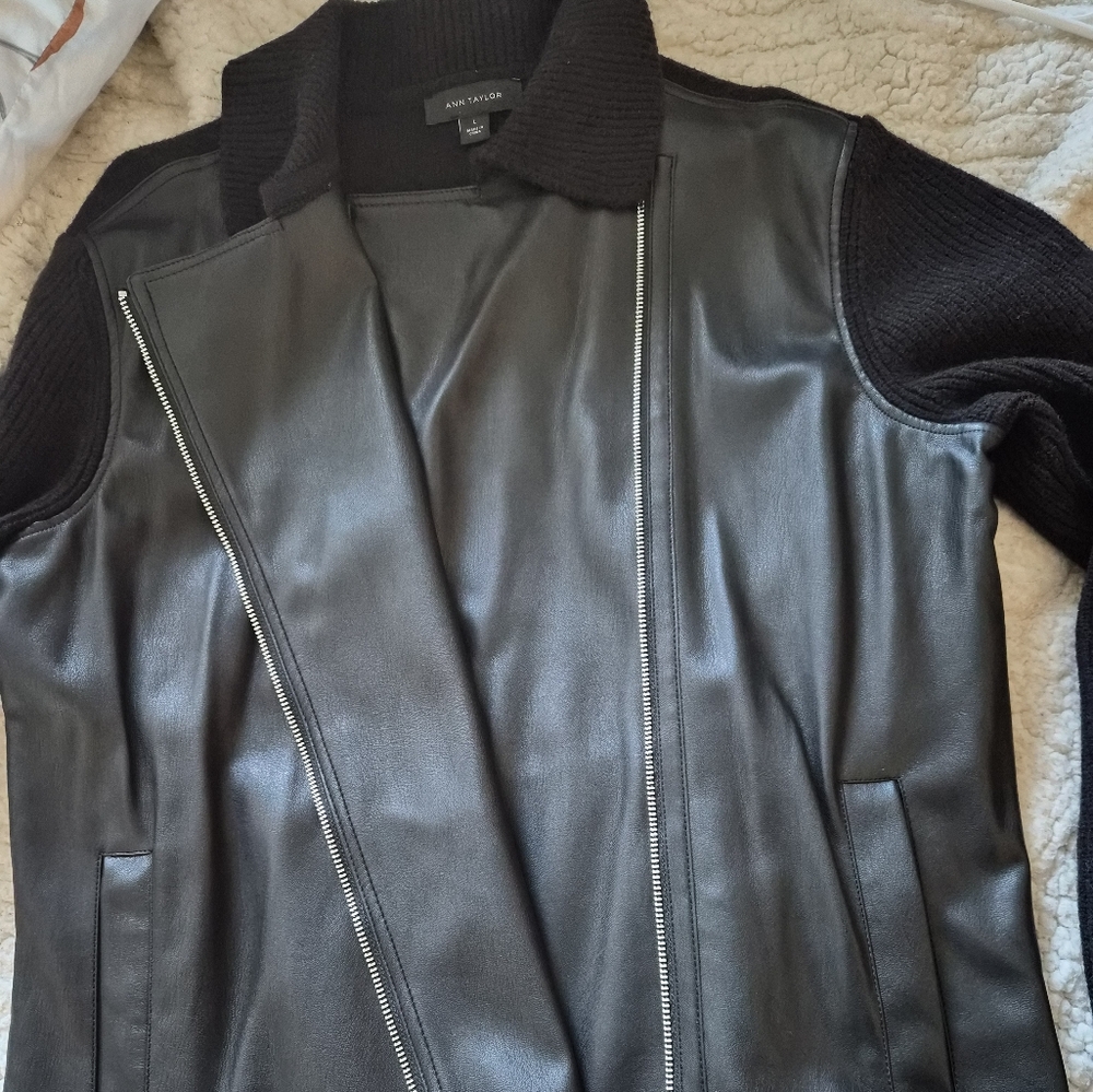 Black Faux Leather Sweater Jacket with Zipper Detail